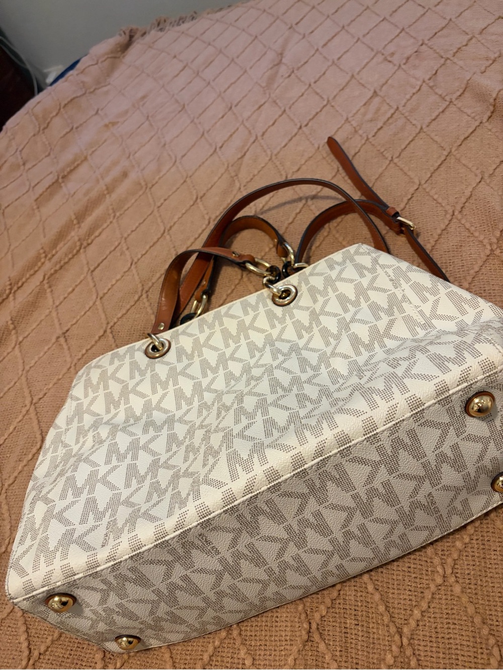 Michael Kors Cream White MK Logo Shoulder Tote with Brown Leather Straps - Picture 3 of 6